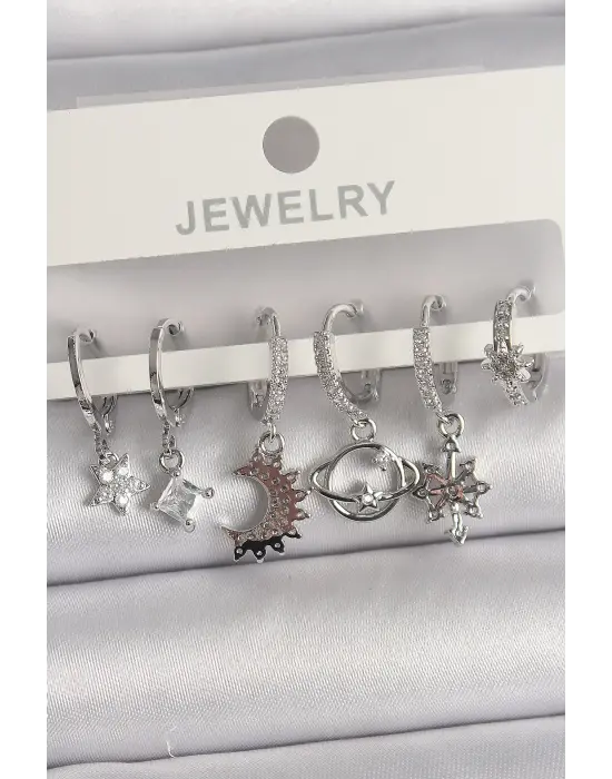 Gümüş Zirkon Taşlı Gezgen Model Çelik Küpe Seti