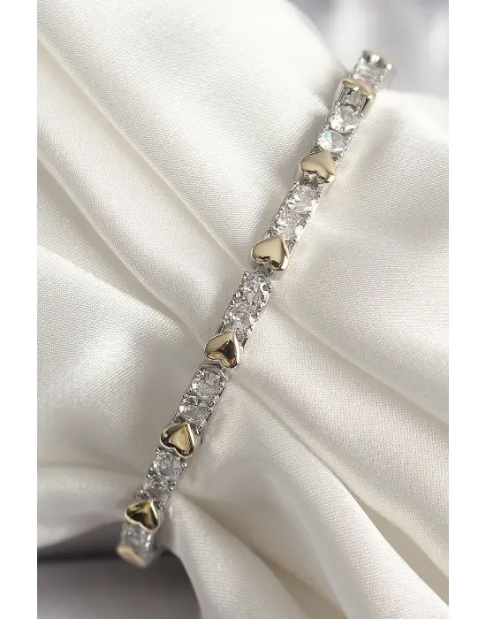 Pirinç Gümüş Renk Zirkon Taşlı Gold Kalp VIP Seri Kadın Bileklik