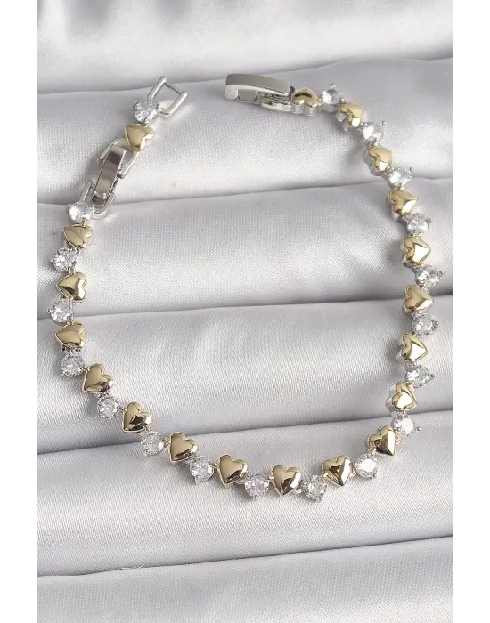 Pirinç Gümüş Renk Zirkon Taşlı Gold Kalpli VIP Seri Kadın Bileklik