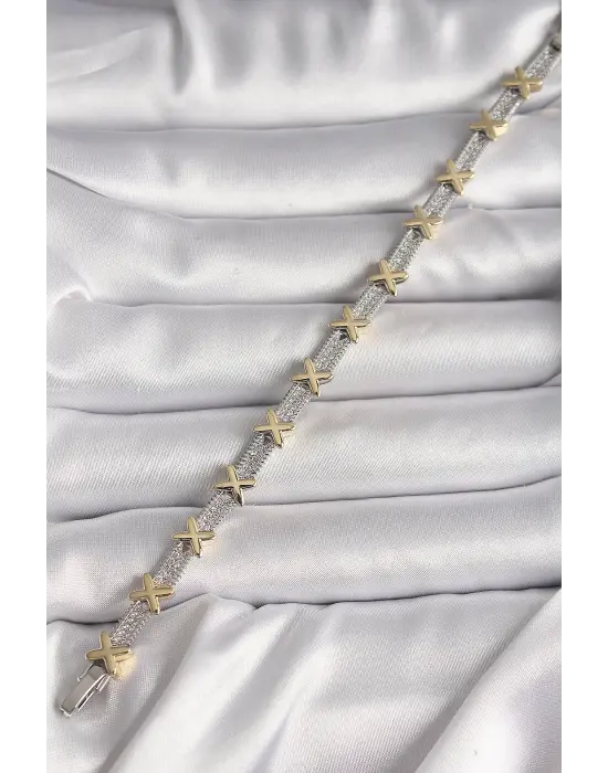 Pirinç Gümüş Renk Zirkon Taşlı Gold Xoxo Model VIP Seri Kadın Bileklik