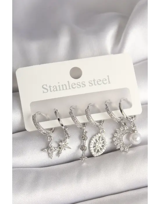 Pirinç Gümüş Renk Zirkon Taşlı Göz Figür İnci Detay Kadın Küpe Seti