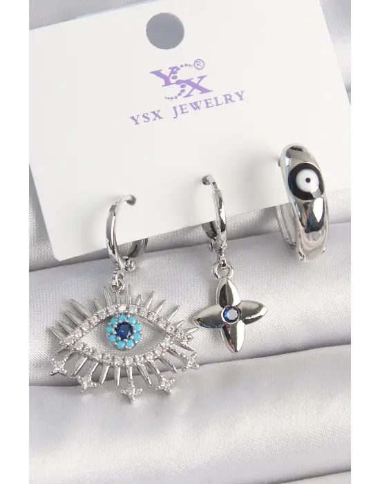 Pirinç Gümüş Renk Zirkon Taşlı Göz Model Nazar Boncuk Detay 3Lü Kadın Kombin Küpe