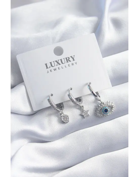 Pirinç Gümüş Renk Zirkon Taşlı Göz Model Yıldız Detay 3lü Kadın Küpe Seti