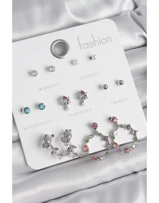 Pirinç Gümüş Renk Zirkon Taşlı Gül Figür Halka Model 7 Çift Kadın Küpe Seti