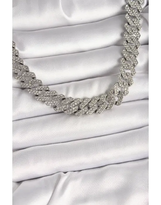 Pirinç Gümüş Renk Zirkon Taşlı Gurmet Kadın Kolye