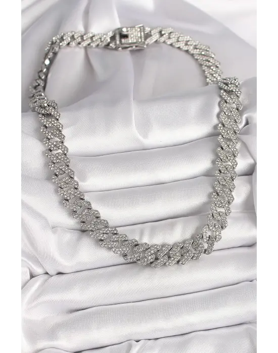 Pirinç Gümüş Renk Zirkon Taşlı Gurmet Kadın Kolye