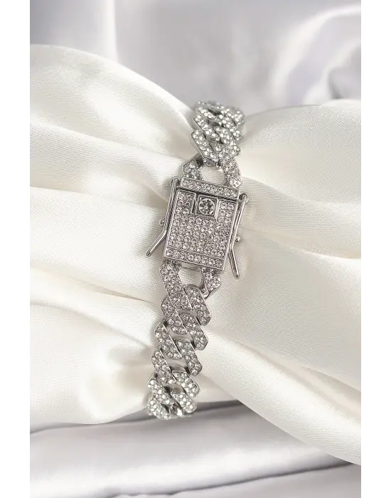 Pirinç Gümüş Renk Zirkon Taşlı Gurmet Model Kadın Bileklik