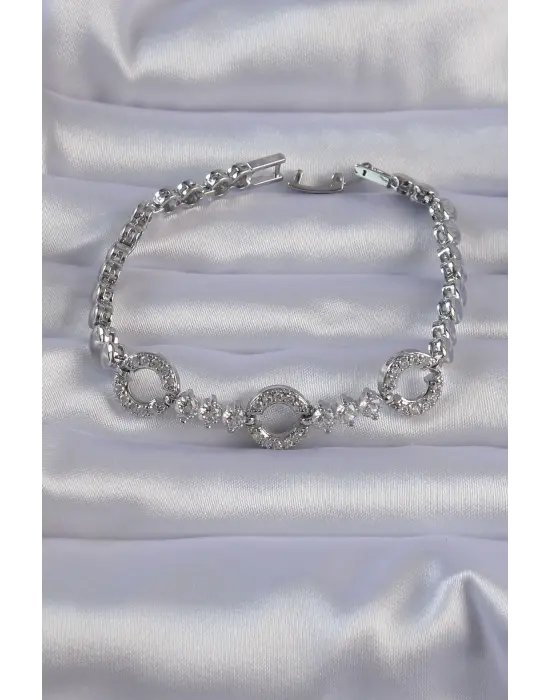 Pirinç Gümüş Renk Zirkon Taşlı Halka Figürlü Topçuk Model Bileklik