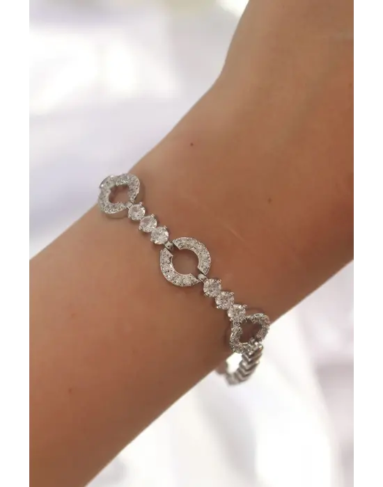 Pirinç Gümüş Renk Zirkon Taşlı Halka Figürlü Topçuk Model Bileklik