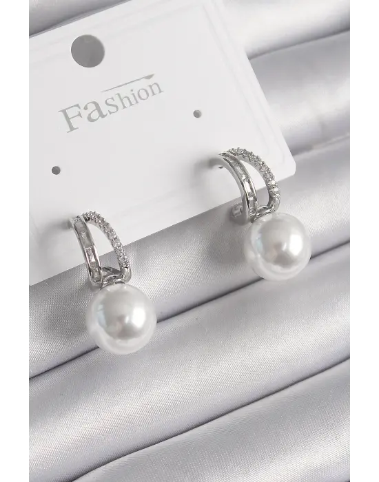 Gümüş Zirkon Taşlı Halka İnci Detay Çelik Küpe