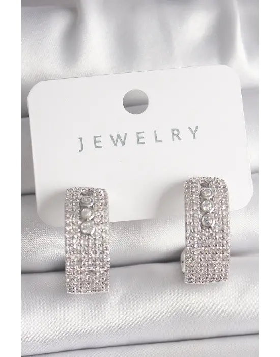 Gümüş Zirkon Taşlı Halka Messika Model Çelik Küpe