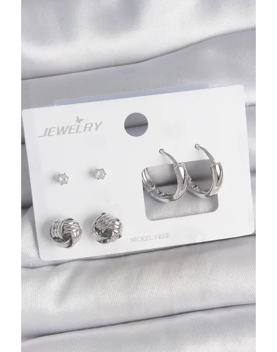 Pirinç Gümüş Renk Zirkon Taşlı Halka Model 3 Çift Kadın Küpe Seti