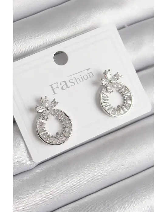  Gümüş Zirkon Taşlı Halka Model Çiçek Figür Çelik Küpe