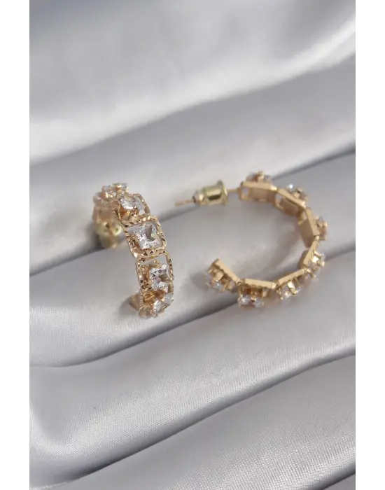  Gümüş Zirkon Taşlı Halka Model Çelik Küpe