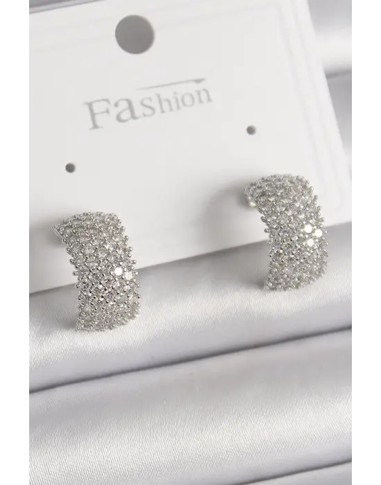  Gümüş Zirkon Taşlı Halka Model Çelik Küpe