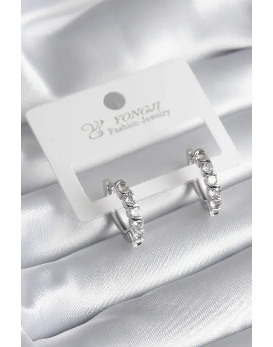  Gümüş Zirkon Taşlı Halka Model Çelik Küpe