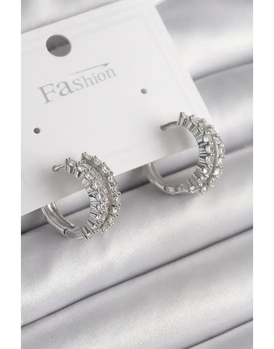  Gümüş Zirkon Taşlı Halka Model Çelik Küpe