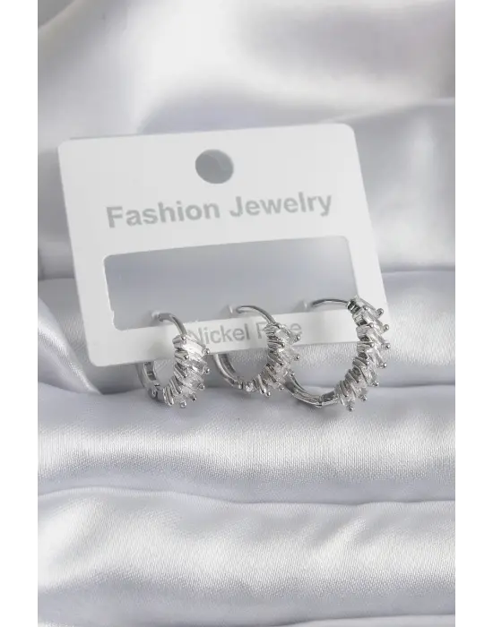  Gümüş Zirkon Taşlı Halka Model Çelik Küpe