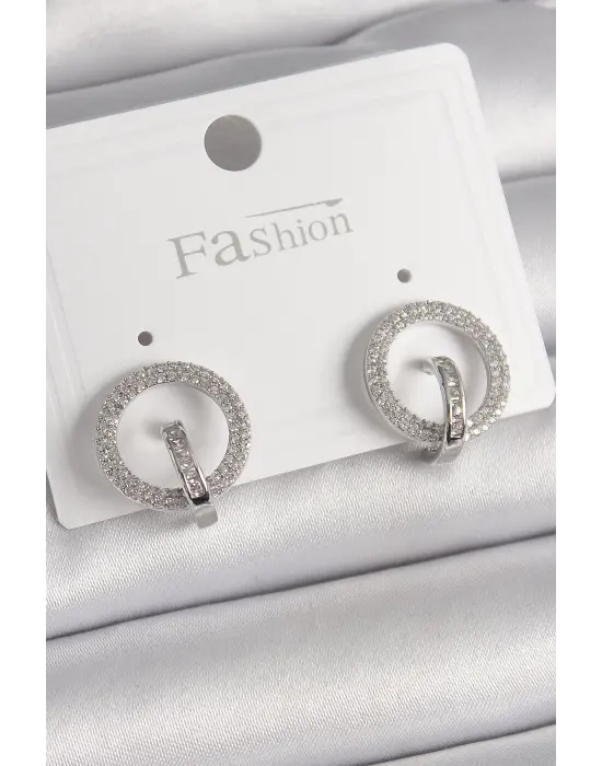 Gümüş Zirkon Taşlı Halka Model Çelik Küpe