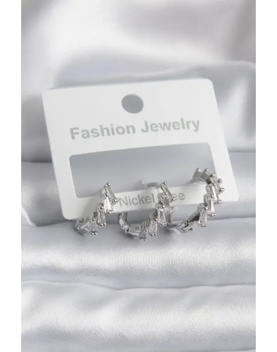  Gümüş Zirkon Taşlı Halka Model Çelik Küpe