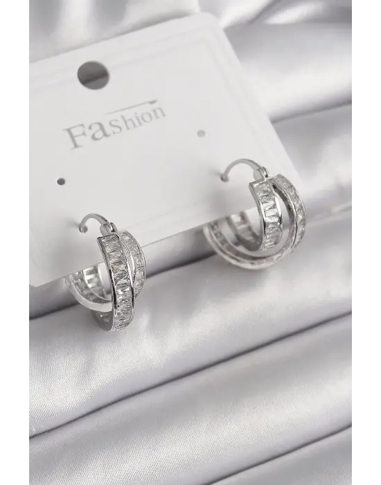  Gümüş Zirkon Taşlı Halka Model Çelik Küpe