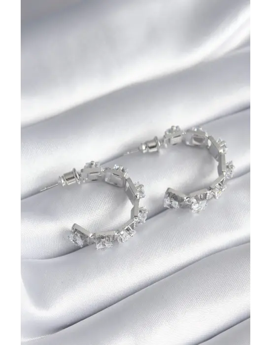  Gümüş Zirkon Taşlı Halka Model Çelik Küpe