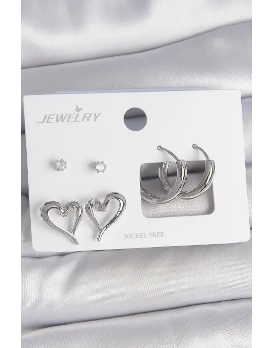 Pirinç Gümüş Renk Zirkon Taşlı Halka Model Kalp Detay 3 Çift Kadın Küpe Seti