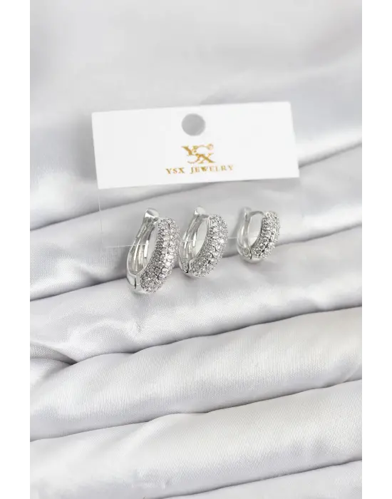 Çelik Gümüş Renk Zirkon Taşlı Halka Model YSX Trio Küpe Seti