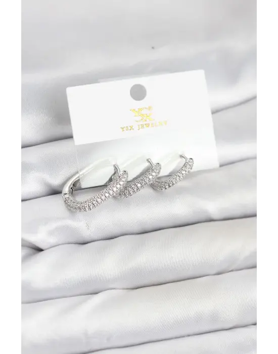 Çelik Gümüş Renk Zirkon Taşlı Halka Model YSX Trio Küpe Seti