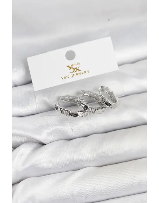 Çelik Gümüş Renk Zirkon Taşlı Halka Yılan Model YSX Trio Küpe Seti