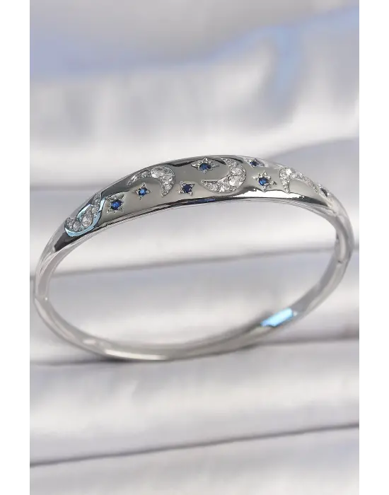 Pirinç Gümüş Renk Zirkon Taşlı Hilal İşlemeli Mavi Taşlı Yıldız Detay Kadın Kelepçe