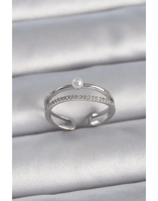  Gümüş Zirkon Taşlı İnci Detay Ayarlanabilir Model Çelik Yüzük