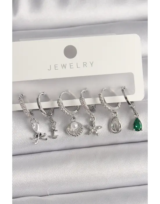  Gümüş Zirkon Taşlı İnci Detay Çoklu Figür Çelik Küpe Seti