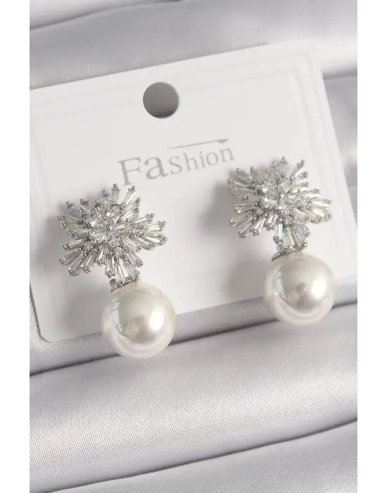  Gümüş Zirkon Taşlı İnci Detay Çelik Küpe