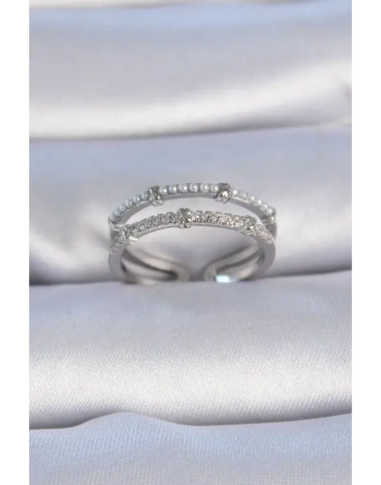  Gümüş Zirkon Taşlı İnci Detay Çelik Yüzük