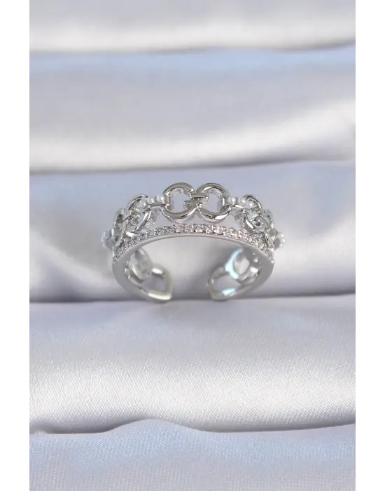  Gümüş Zirkon Taşlı İnci Detay Çelik Yüzük