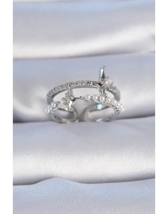  Gümüş Zirkon Taşlı İnci Detay Kutup Yıldızı Model Çelik Yüzük