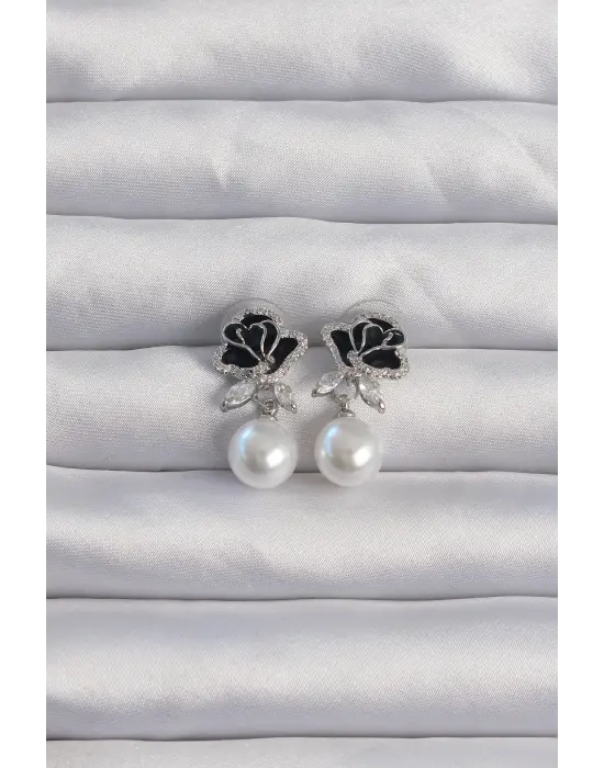  Gümüş Zirkon Taşlı İnci Detay Siyah Gül Küpe