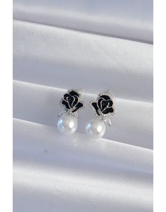  Gümüş Zirkon Taşlı İnci Detay Siyah Gül Küpe