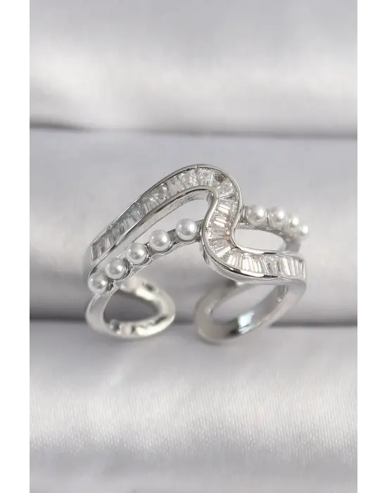  Gümüş Zirkon Taşlı İnci Detay VIP Seri Çelik Yüzük