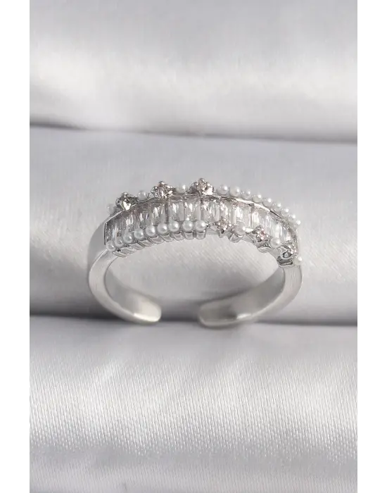  Gümüş Zirkon Taşlı İnci Detay VIP Seri Çelik Yüzük