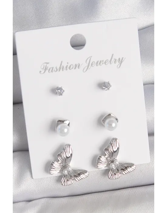 Pirinç Gümüş Renk Zirkon Taşlı İnci Detaylı Kelebek Model 3 Çift Kadın Küpe Seti