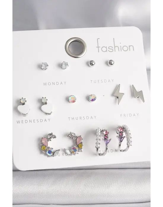  Gümüş Zirkon Taşlı İnci Halka Şimşek Detay 7 Çift Çelik Küpe Seti