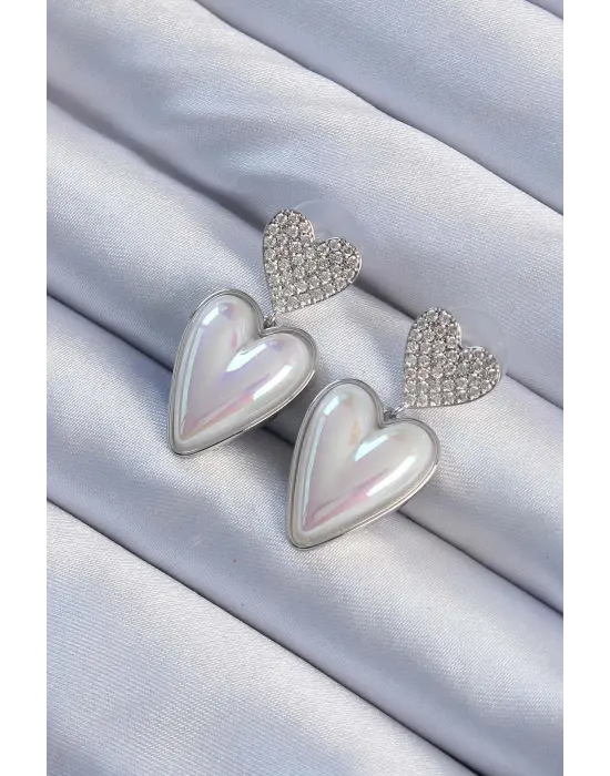  Gümüş Zirkon Taşlı İnci Tasarım Kalp Model Çelik Küpe