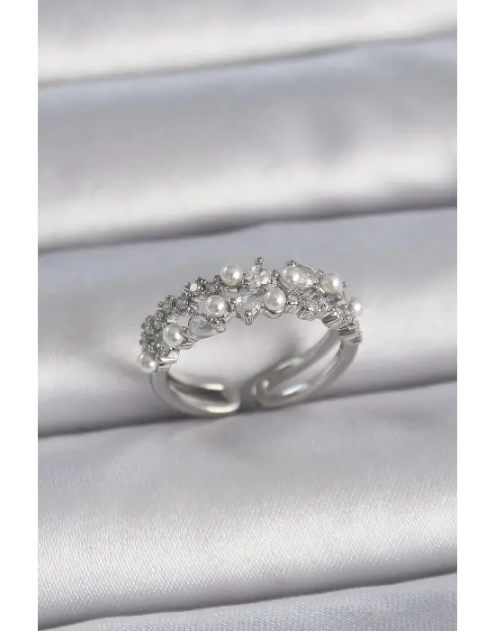  Gümüş Zirkon Taşlı İncili Ayarlanabilir Model Çelik Yüzük