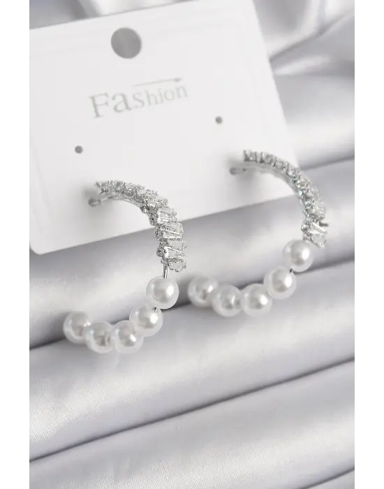  Gümüş Zirkon Taşlı İncili Halka Model Çelik Küpe