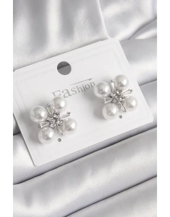  Gümüş Zirkon Taşlı İncili Çelik Küpe