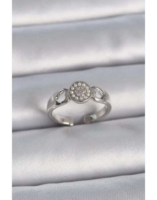  Gümüş Zirkon Taşlı İncili Kalp İşleme Detay Ayarlanabilir Model Çelik Yüzük