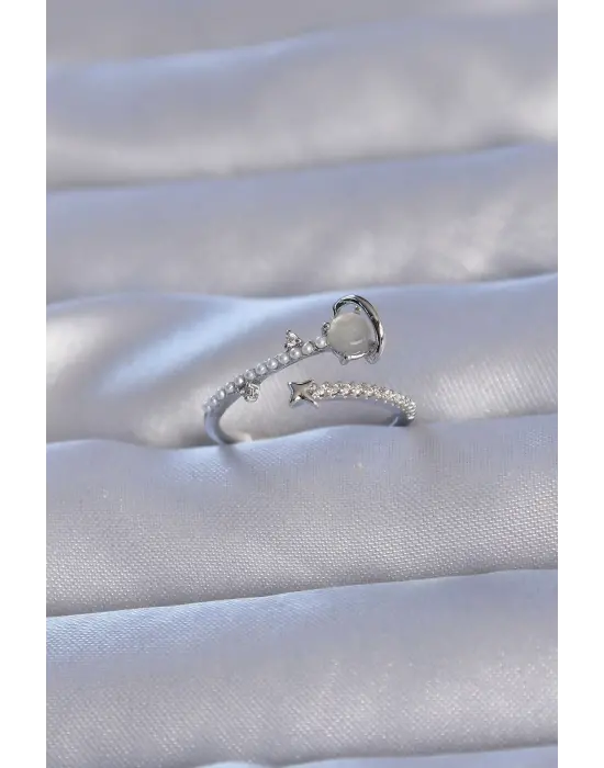  Gümüş Zirkon Taşlı İncili Satürn Model Ayarlanabilir Yüzük