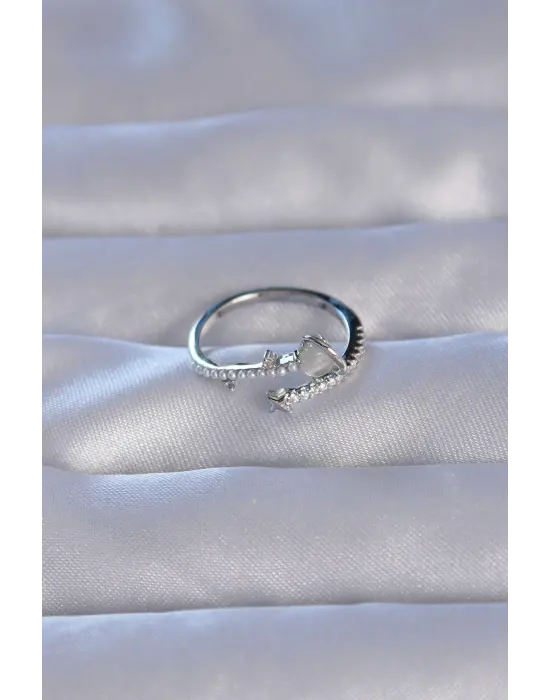  Gümüş Zirkon Taşlı İncili Satürn Model Ayarlanabilir Yüzük